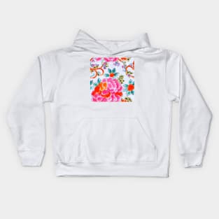 Pink and orange chinoiserie roses and leaves seamless pattern Kids Hoodie